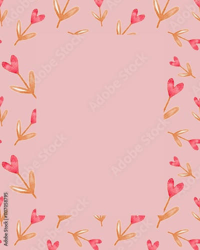 Delicate floral border design with pink hearts on light background