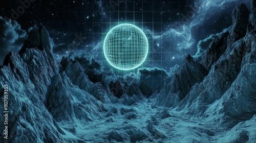 Retro banner with star portal on wireframe landscape. Vector realistic illustration of retro grid mountain backdrop, neon moon in black night sky, 80s cyberprunk banner design, space galaxy wallpaper photo