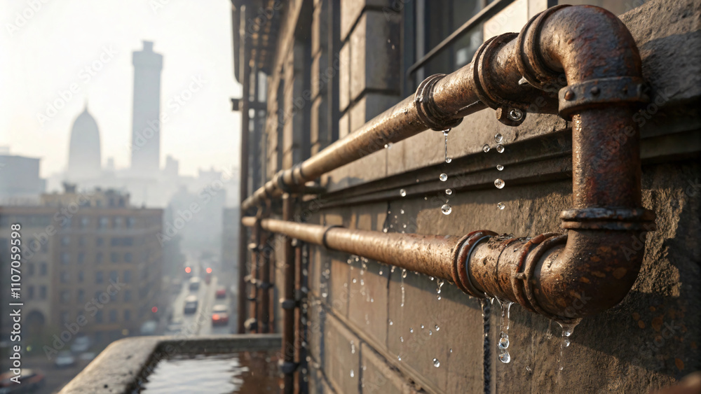 Rusty pipes with water droplets on building, city skyline in background, showcasing urban decay and pollution Rusty pipes with water droplets on building, city skyline in background, showcasing urban decay and pollution