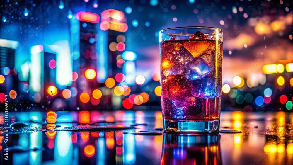 Night Photography of Refreshing Cold Drink Beverage with Colorful Neon Lights and Glowing Ice Cubes, Perfect for Summer Vibes and Relaxation in the Evening Atmosphere Night Photography of Refreshing Cold Drink Beverage with Colorful Neon Lights and Glowing Ice Cubes, Perfect for Summer Vibes and Relaxation in the Evening Atmosphere