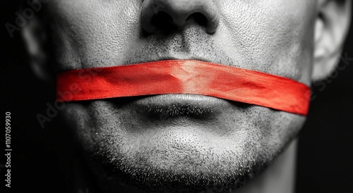 a close-up black and white photo of a mans mouth shut with red tape photo