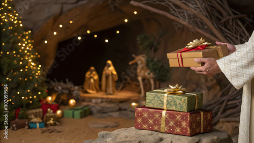Christmas nativity scene with gifts and decorations in festive holiday setting.