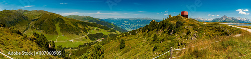 High resolution stitched alpine summer panorama with the famous Capella Granata at Mount Penken, Mayrhofen, Finkenberg, Zillertal valley, Schwaz, Zell am Ziller, Tyrol, Austria photo