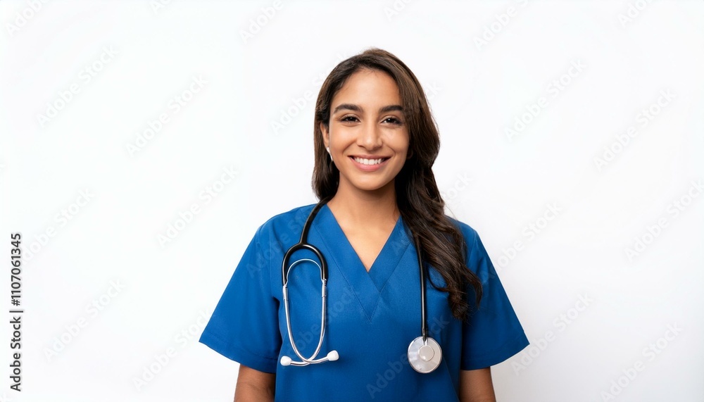 Portrait of a young Mexican female nurse on isolated white background Portrait of a young Mexican female nurse on isolated white background