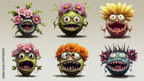 Scary monster plants with head flowers. Cartoon vector illustration set of fantasy alien creepy carnivore horrible game ui design characters with terrible eyes and mouth with teeth and tongue.