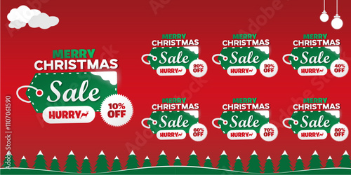 Merry Christmas Sale Design Template. Happy Christmas Sale Discount Template. Save up to 20%, 30%, 40%, 50%, 60%, 70% and 80%. Editable EPS file with trees, snow, reindeer and clouds.