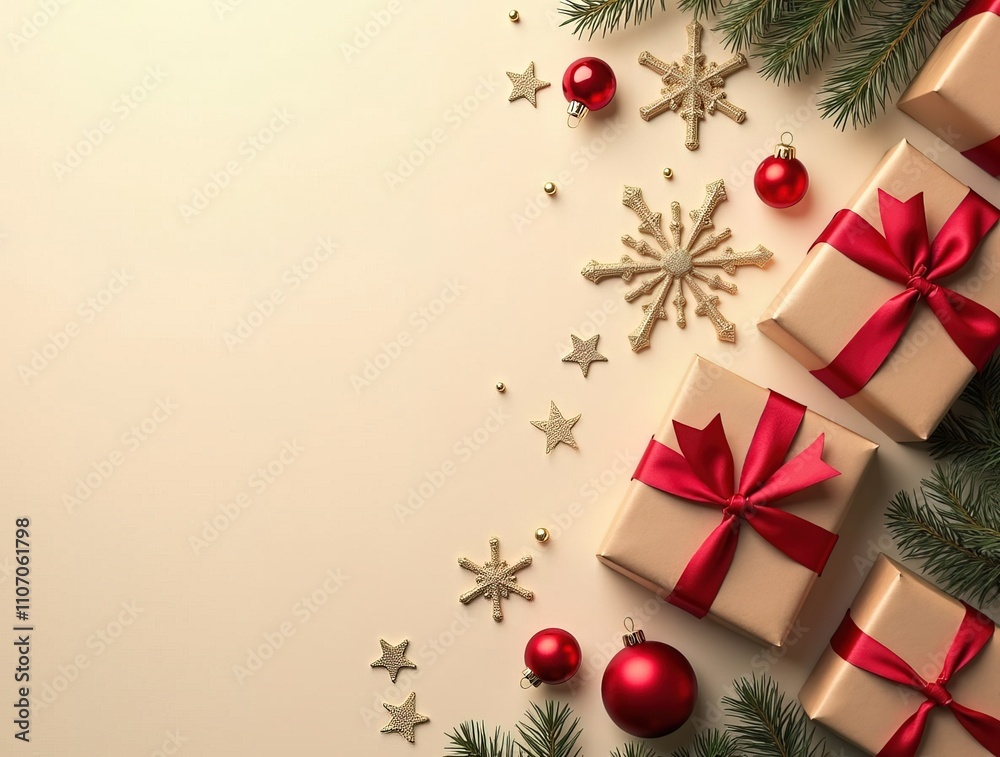 An elegant Christmas card. Wrapped gifts in kraft paper, red ribbons, surrounded by festive decorations as golden stars, ornaments, snowflake on soft beige background. Space on the left for texts. An elegant Christmas card. Wrapped gifts in kraft paper, red ribbons, surrounded by festive decorations as golden stars, ornaments, snowflake on soft beige background. Space on the left for texts.