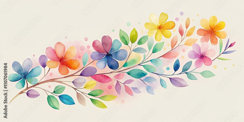 Obraz premium Vibrant Watercolor Floral Branch with Colorful Flowers and Leaves on a Light Background