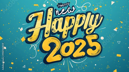 A bold turquoise and yellow Happy New Year 2025 design, combining bright, energetic colors to create a vibrant and cheerful atmosphere for celebrating the upcoming year.