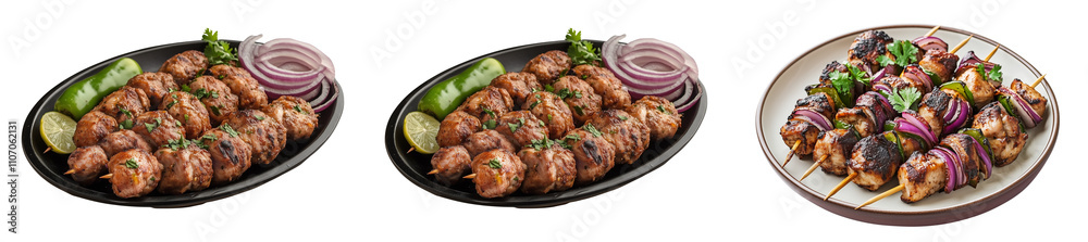 Set of a, plate of Indian-style chicken shish kebab with red onion and green pepper, isolated on a transparent background. Set of a, plate of Indian-style chicken shish kebab with red onion and green pepper, isolated on a transparent background.