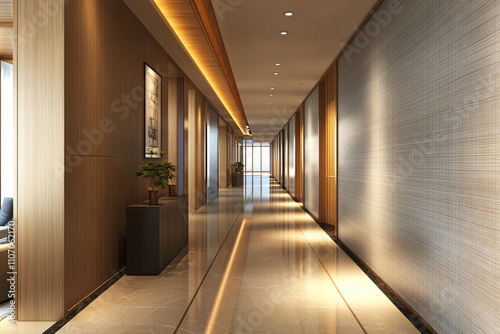 long brown corridor in modern hotel with copy space