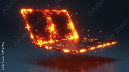 Flames are flying out of a laptop computer screen photo