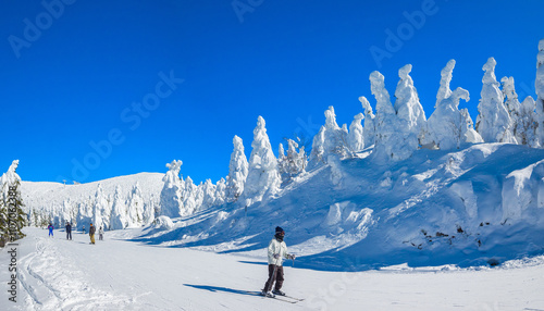 People going down in snow slope surrounded by ice monsters (Zao, Yamagata, Japan) photo