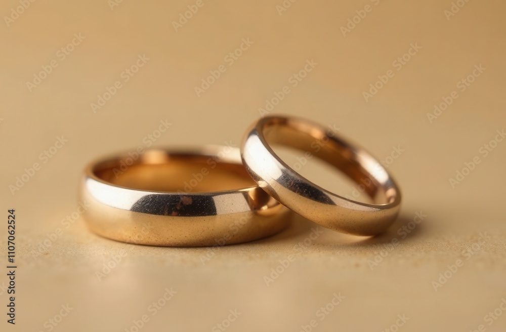 A close up view of two elegant gold wedding rings resting on a table A close up view of two elegant gold wedding rings resting on a table