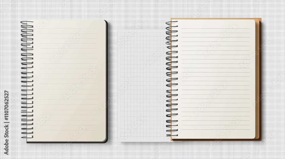 Realistic set of notebook mockups isolated on transparent background. Vector illustration of blank diary pages with folded corners. Top view of line, box, dot ruled white sheets on spiral binder Realistic set of notebook mockups isolated on transparent background. Vector illustration of blank diary pages with folded corners. Top view of line, box, dot ruled white sheets on spiral binder