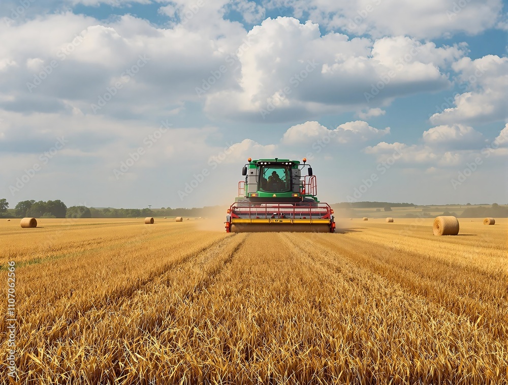 Fototapeta premium Round baler machine operating in a farm field, collecting and baling hay into neat, round bales