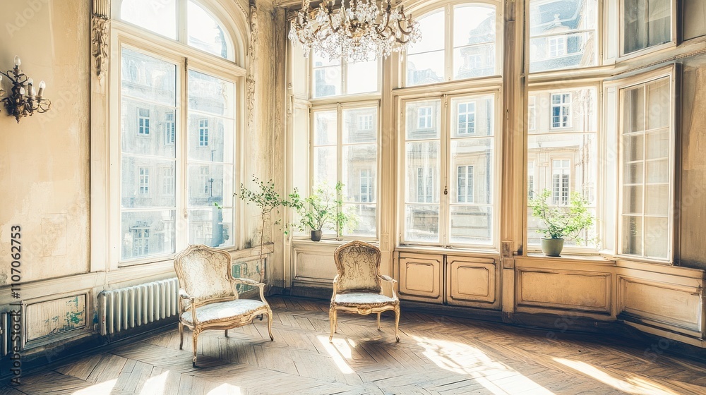 Sunlit Room with Antique Chairs and Large Windows Sunlit Room with Antique Chairs and Large Windows