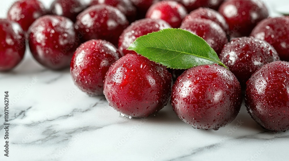 Fresh, ripe cherries with water droplets on a marble surface. Fresh, ripe cherries with water droplets on a marble surface.
