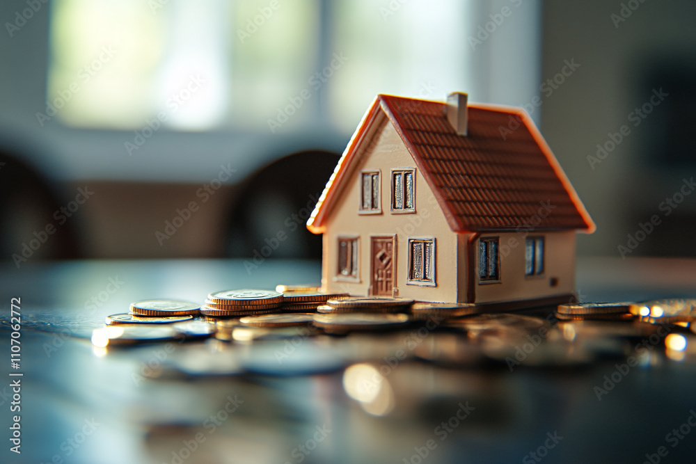 little model of the house and coins on the table little model of the house and coins on the table