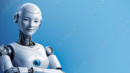 Artificial Intelligence with Folded Hands on Blue Background copy space, robot copy space background, humaniod photo