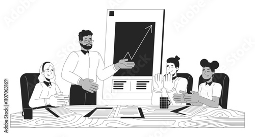 Team members clapping company revenue growth black and white 2D line characters. Celebrating startup achievement. Diverse colleagues isolated vector outline people. Monochromatic spot illustration