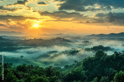 landscape with forest in fog on sunset photo