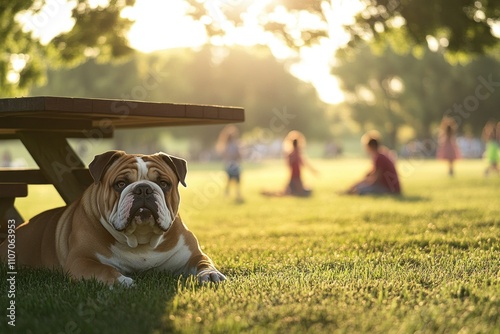 Bulldog lying under a picnic table in a sunny park with people relaxing in the background