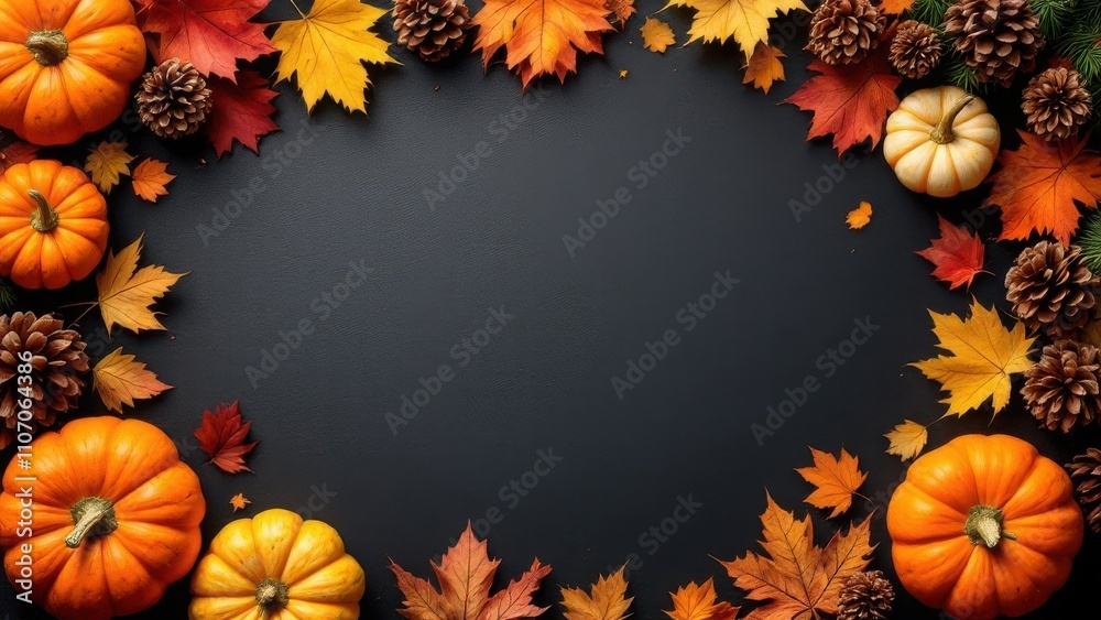 Fototapeta premium Rustic autumn composition with pumpkins, vibrant leaves, and scattered pine cones, set against a moody dark background