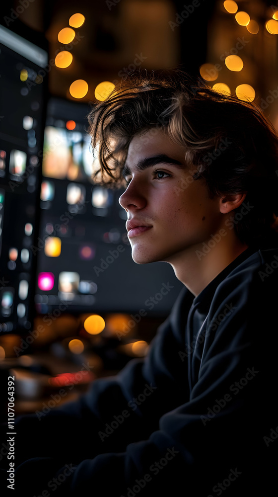 A young person gazes thoughtfully at a computer screen illuminated by soft lights. A young person gazes thoughtfully at a computer screen illuminated by soft lights.