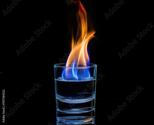 Blue flame above a glass of water, against a black background photo