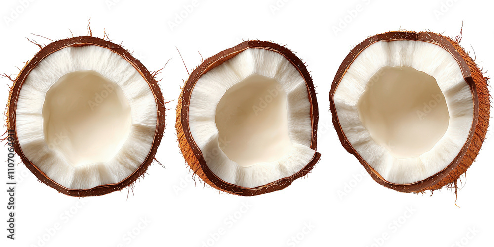Fresh Coconut Halves Unveiling Creamy Interior with Textured Shells Perfect for Tropical Recipes, Smoothies, or Natural Decoration Ideas and Healthy Snacking Fresh Coconut Halves Unveiling Creamy Interior with Textured Shells Perfect for Tropical Recipes, Smoothies, or Natural Decoration Ideas and Healthy Snacking