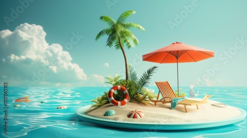 Tranquil Tropical Island Getaway: Relaxing Beach Paradise with Palm Trees, Umbrella, and Loungers photo