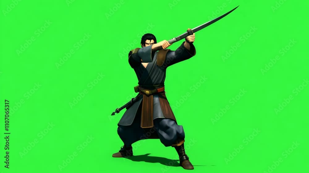 Samurai in Action Pose Holding Sword on Green Background Samurai in Action Pose Holding Sword on Green Background