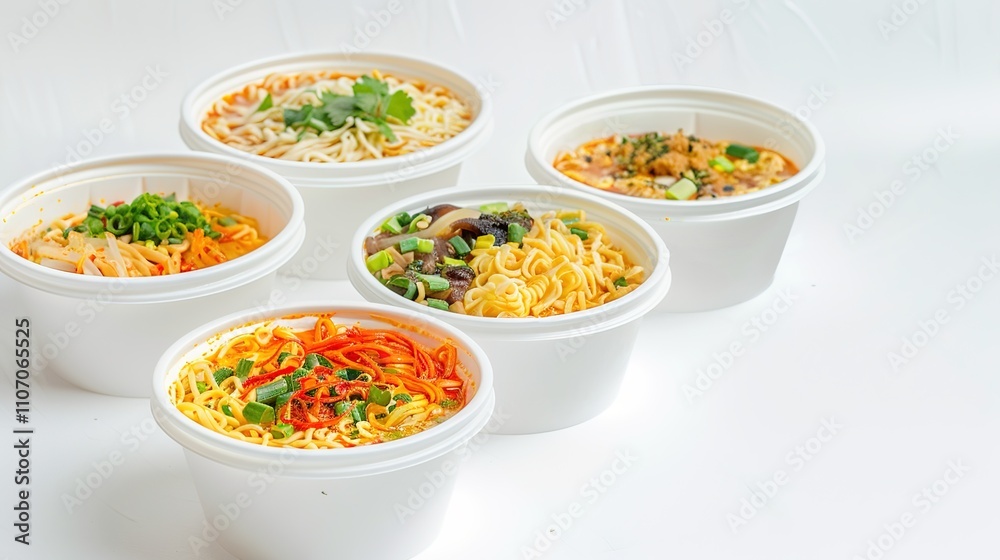 Instant Noodles on a White Background - A Tempting and Convenient Culinary Sight. The Colorful and Enticing Instant Noodles Placed on the Plain White Background, with Their Appealing Packaging and Del Instant Noodles on a White Background - A Tempting and Convenient Culinary Sight. The Colorful and Enticing Instant Noodles Placed on the Plain White Background, with Their Appealing Packaging and Del