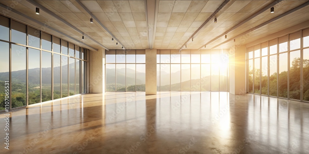 Spacious Modern Office with Panoramic Mountain Views and Sunlight Streaming Through Floor-to-Ceiling Windows