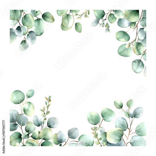 Watercolor Eucalyptus Leaves Frame Green Botanical Border for Invitations Cards and Design