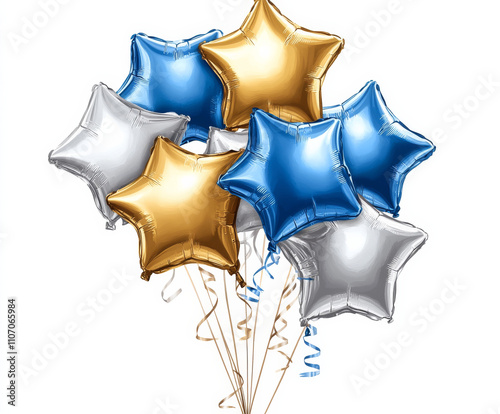 golden star on white background, Metallic star-shaped balloons in gold, silver, and blue, tied together with a shimmering ribbon, on a white background