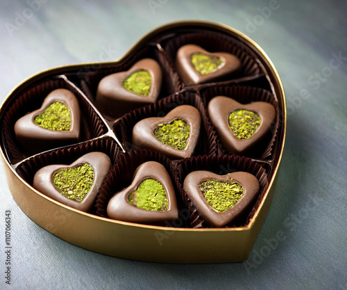 Valentine's Day chocolate box filled with pistachio chocolates in the luxurious Dubai chocolate style. A perfect blend of rich flavors and elegant presentation, ideal for gifting to a loved photo