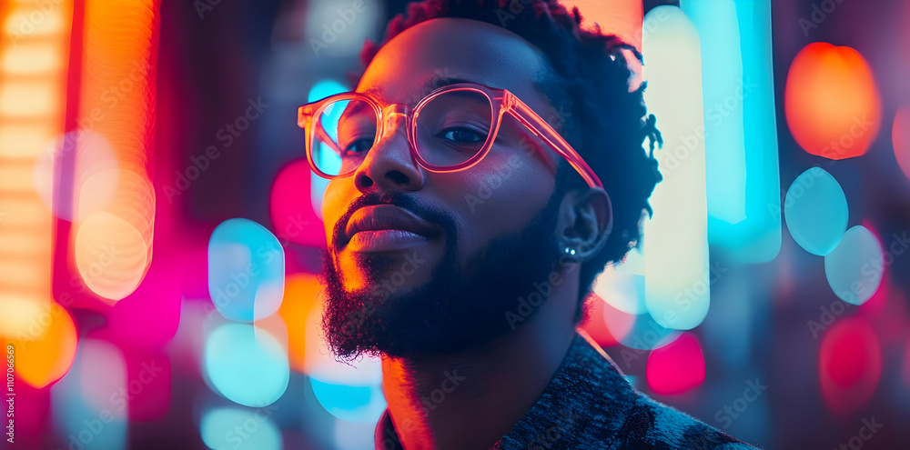 A stylish individual poses against a vibrant, illuminated background. A stylish individual poses against a vibrant, illuminated background.