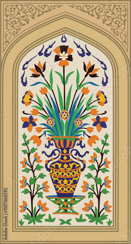 Mughal colorful decorative plant illustration for wall painting. Mughal Motif,Mughal Colorful Flower.
