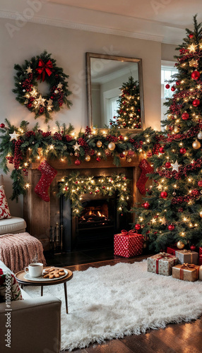 Charming Holiday Setting with Christmas Tree and Festive Fireplace Decor