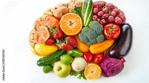 Fototapeta Naklejka Na Ścianę i Meble -  A detailed image of a human brain combined with vibrant fruits and vegetables, with a white background, Conceptual style