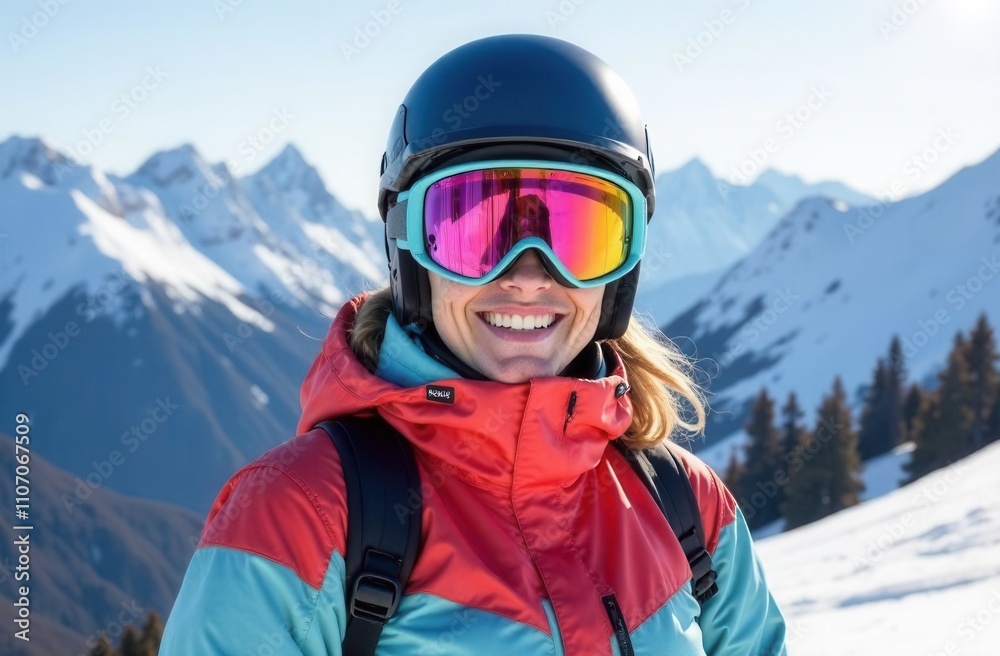 A woman, equipped with a helmet and goggles, is smiling brightly for the camera A woman, equipped with a helmet and goggles, is smiling brightly for the camera