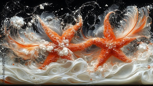 Two orange starfish in abstract liquid art, with flowing white and orange liquid, bubbles, and splashes. photo