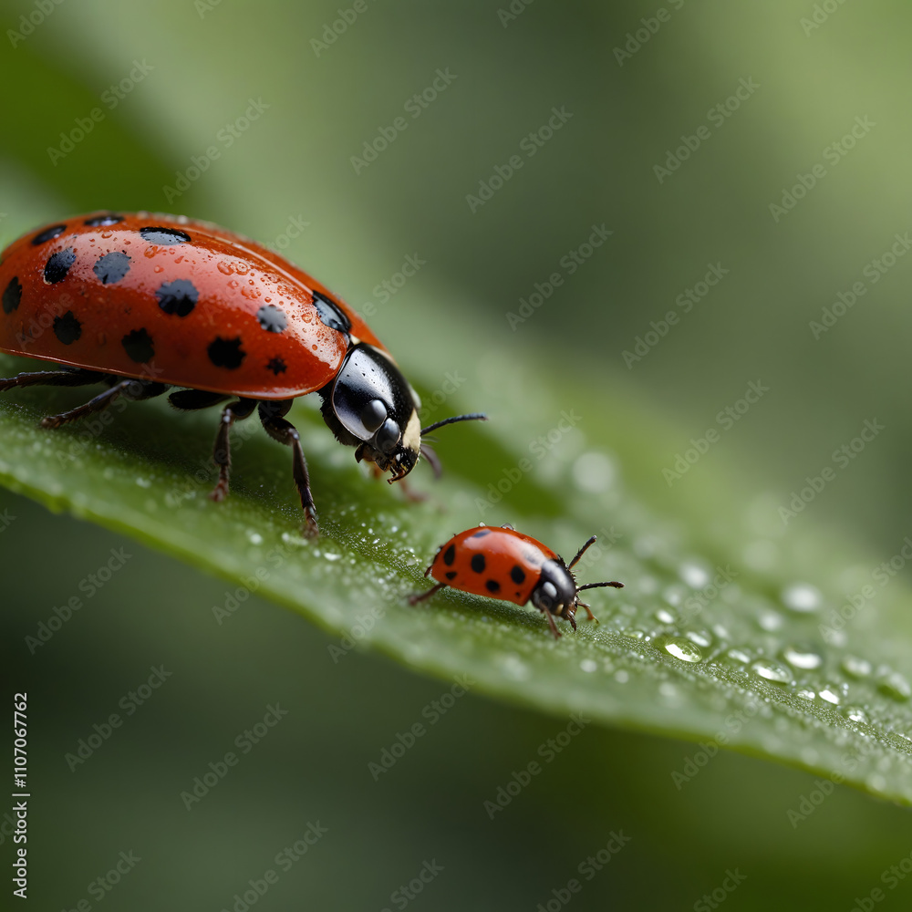 Tender Moments: Ladybugs on a Dew-Kissed Leaf Tender Moments: Ladybugs on a Dew-Kissed Leaf
