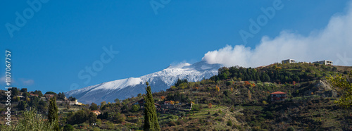 Mount Etna snow-capped peak view from Bronte countryside, Sicily