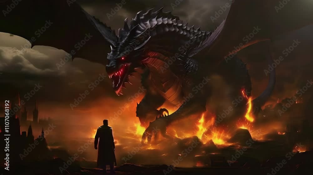 Video recreation of a furious dragon fighting against a knight	
