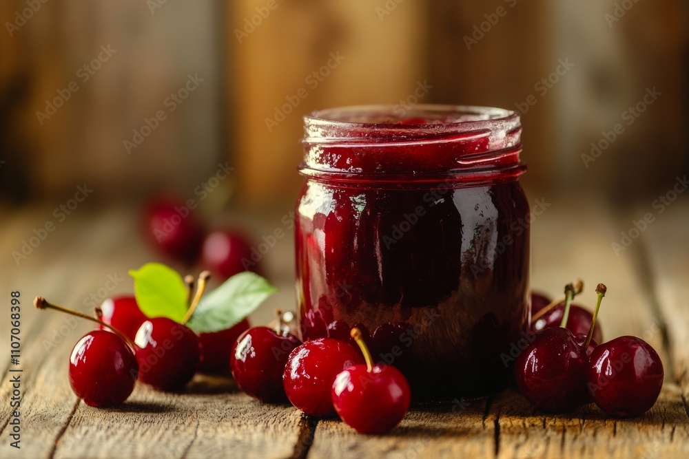 A jar filled with rich cherry jam is set on a rustic wooden table, accompanied by vibrant, fresh cherries. The scene captures the essence of homemade fruit preserves, showcasing natural colors A jar filled with rich cherry jam is set on a rustic wooden table, accompanied by vibrant, fresh cherries. The scene captures the essence of homemade fruit preserves, showcasing natural colors