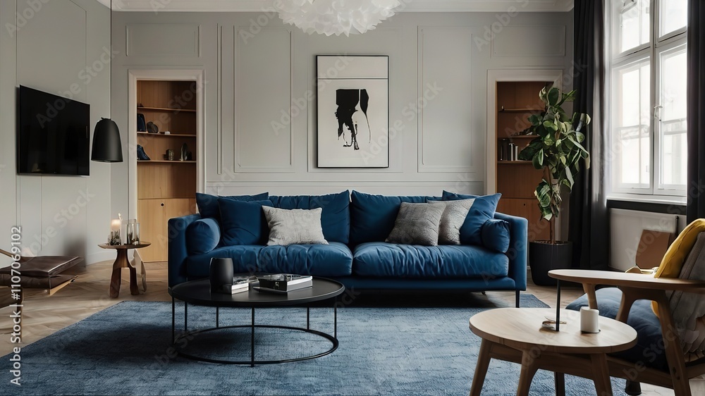 Fototapeta premium Scandinavian interior design of modern living room. Modern blue sofa with cushions and contemporary black round coffee table in a well-lit stylish living room. 4k Resolution