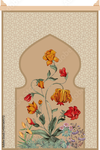 Mughal Floral Miniature Painting for wall, Mughal Decorative wall, Mughal Motif Design.